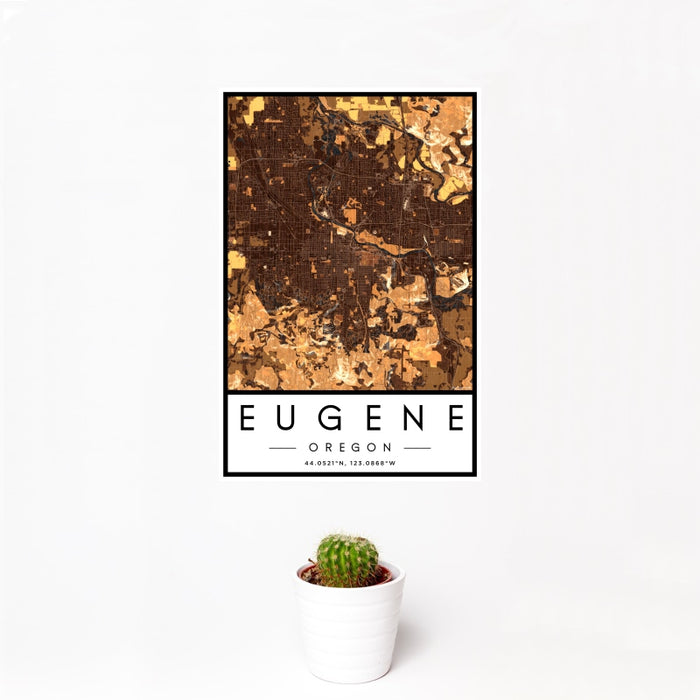 12x18 Eugene Oregon Map Print Portrait Orientation in Ember Style With Small Cactus Plant in White Planter