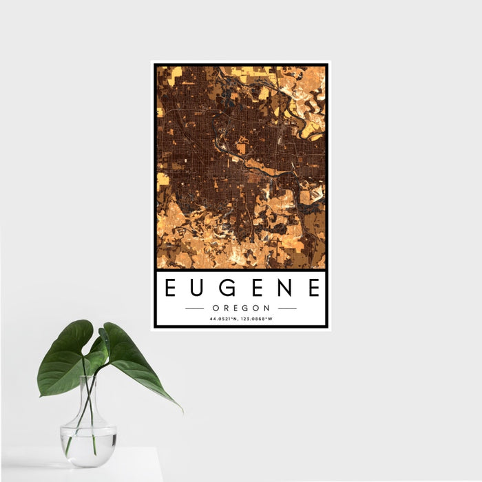 16x24 Eugene Oregon Map Print Portrait Orientation in Ember Style With Tropical Plant Leaves in Water