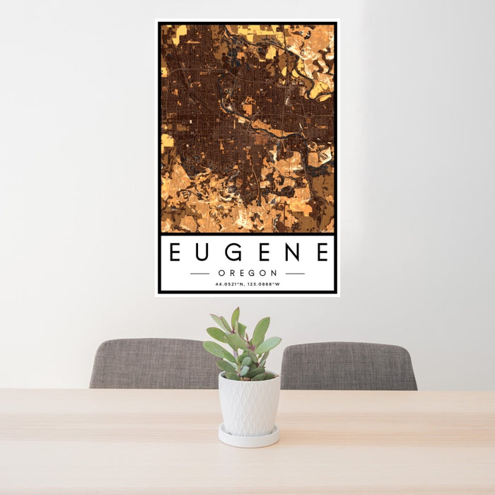 24x36 Eugene Oregon Map Print Portrait Orientation in Ember Style Behind 2 Chairs Table and Potted Plant