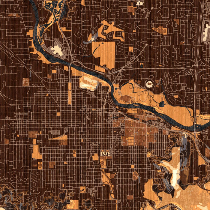 Eugene Oregon Map Print in Ember Style Zoomed In Close Up Showing Details