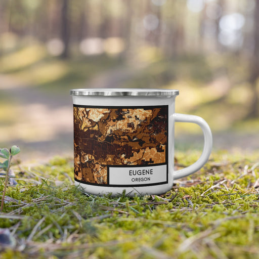 Right View Custom Eugene Oregon Map Enamel Mug in Ember on Grass With Trees in Background