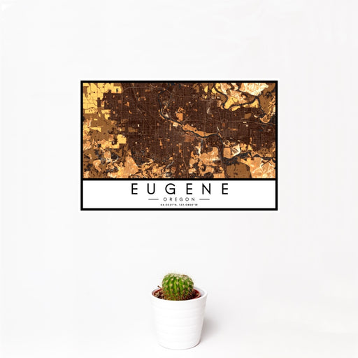 12x18 Eugene Oregon Map Print Landscape Orientation in Ember Style With Small Cactus Plant in White Planter