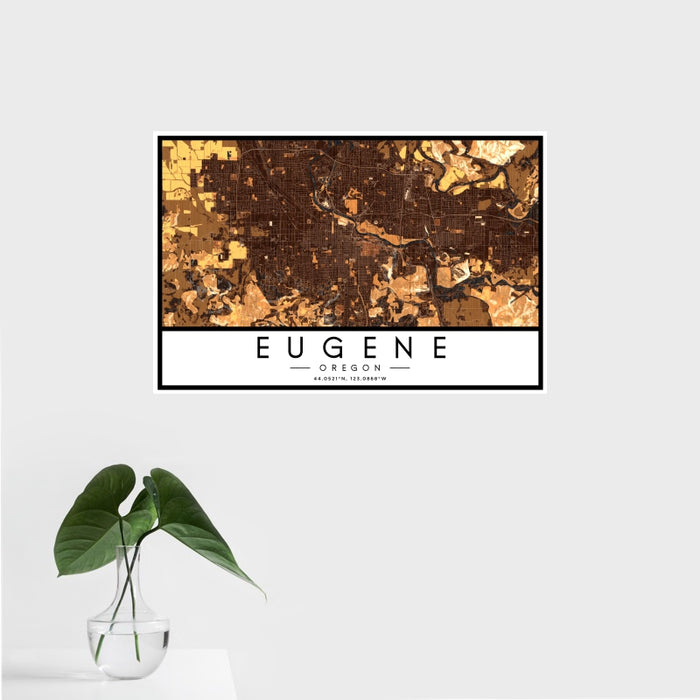 16x24 Eugene Oregon Map Print Landscape Orientation in Ember Style With Tropical Plant Leaves in Water