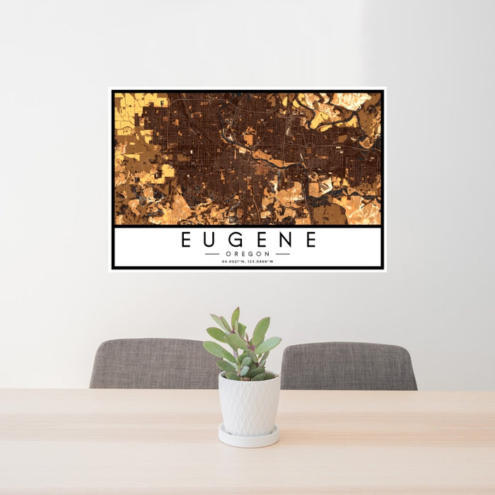 24x36 Eugene Oregon Map Print Landscape Orientation in Ember Style Behind 2 Chairs Table and Potted Plant