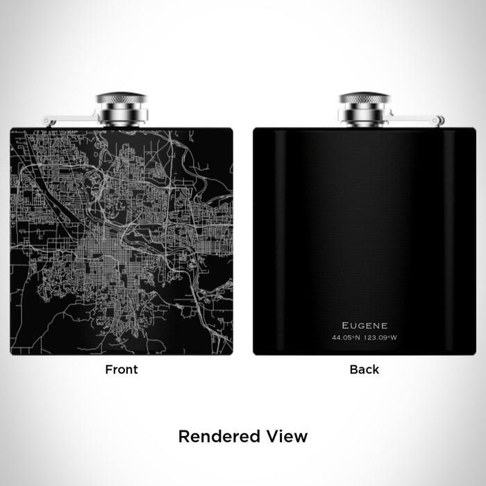 Rendered View of Eugene Oregon Map Engraving on 6oz Stainless Steel Flask in Black