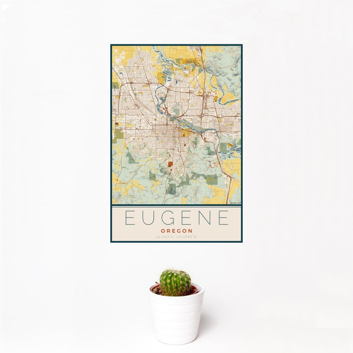 12x18 Eugene Oregon Map Print Portrait Orientation in Woodblock Style With Small Cactus Plant in White Planter