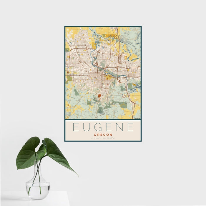 16x24 Eugene Oregon Map Print Portrait Orientation in Woodblock Style With Tropical Plant Leaves in Water