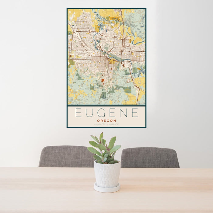24x36 Eugene Oregon Map Print Portrait Orientation in Woodblock Style Behind 2 Chairs Table and Potted Plant