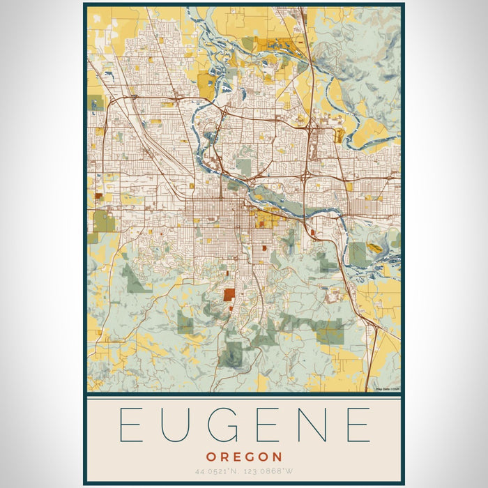 Eugene Oregon Map Print Portrait Orientation in Woodblock Style With Shaded Background