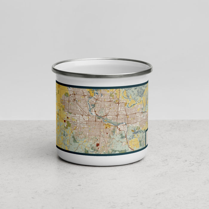 Front View Custom Eugene Oregon Map Enamel Mug in Woodblock