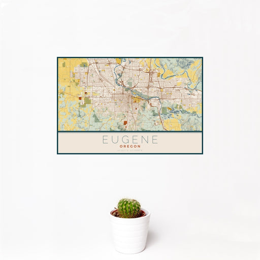 12x18 Eugene Oregon Map Print Landscape Orientation in Woodblock Style With Small Cactus Plant in White Planter