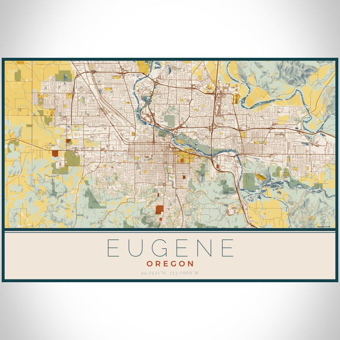 Eugene Oregon Map Print Landscape Orientation in Woodblock Style With Shaded Background