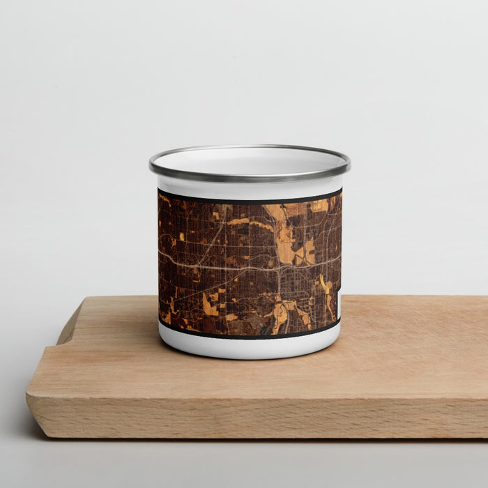 Front View Custom Euless Texas Map Enamel Mug in Ember on Cutting Board
