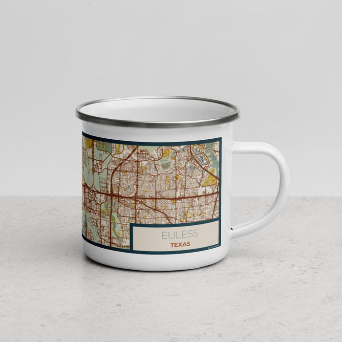 Right View Custom Euless Texas Map Enamel Mug in Woodblock