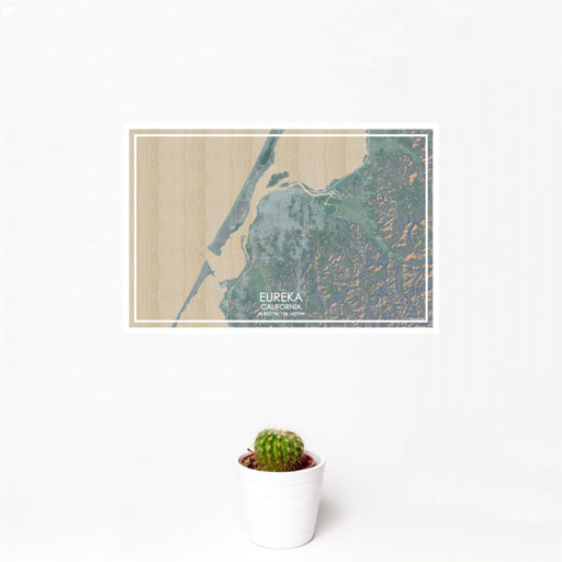 12x18 Eureka California Map Print Landscape Orientation in Afternoon Style With Small Cactus Plant in White Planter