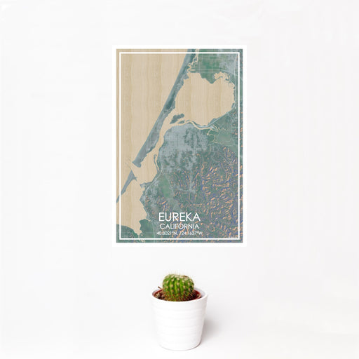 12x18 Eureka California Map Print Portrait Orientation in Afternoon Style With Small Cactus Plant in White Planter