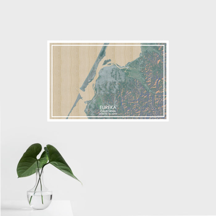 16x24 Eureka California Map Print Landscape Orientation in Afternoon Style With Tropical Plant Leaves in Water