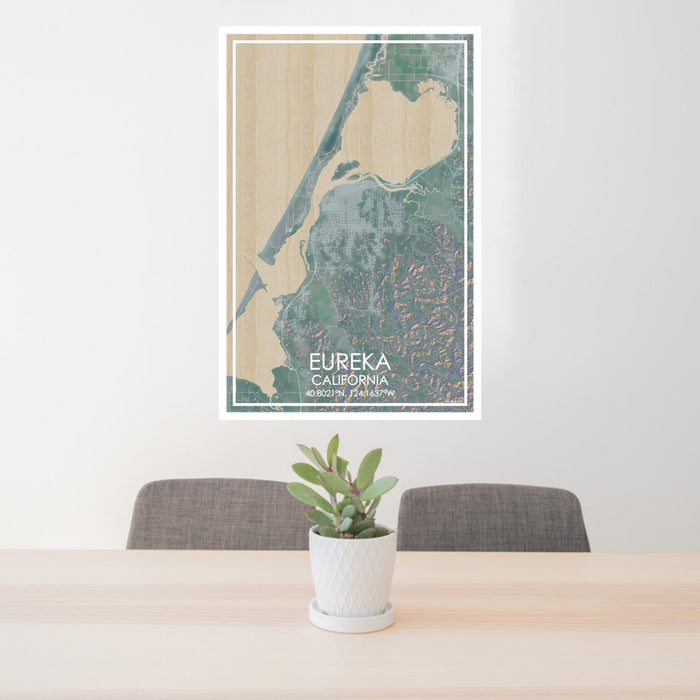 24x36 Eureka California Map Print Portrait Orientation in Afternoon Style Behind 2 Chairs Table and Potted Plant