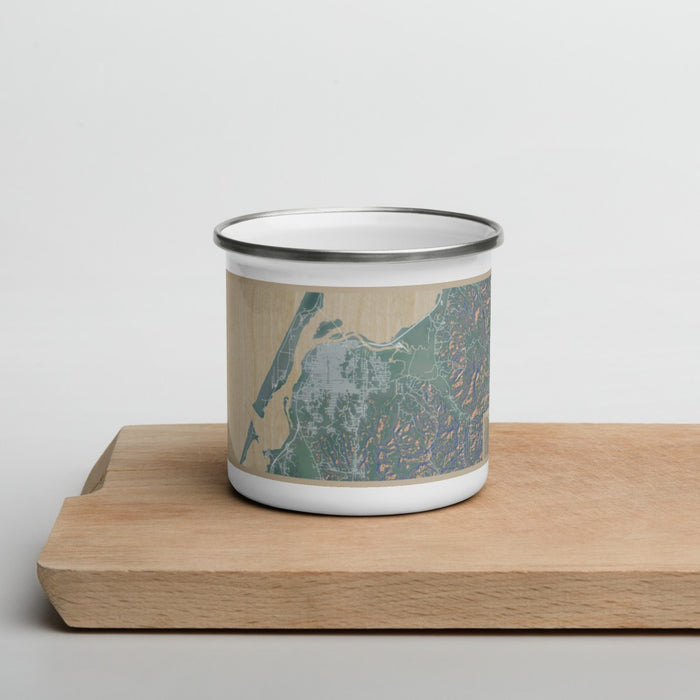 Front View Custom Eureka California Map Enamel Mug in Afternoon on Cutting Board