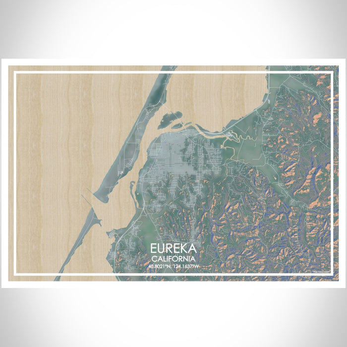 Eureka California Map Print Landscape Orientation in Afternoon Style With Shaded Background