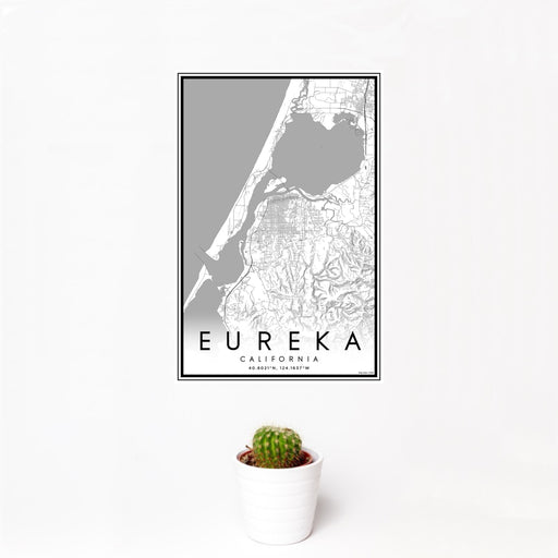 12x18 Eureka California Map Print Portrait Orientation in Classic Style With Small Cactus Plant in White Planter