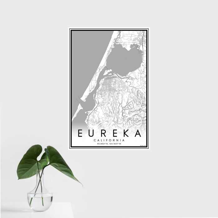 16x24 Eureka California Map Print Portrait Orientation in Classic Style With Tropical Plant Leaves in Water