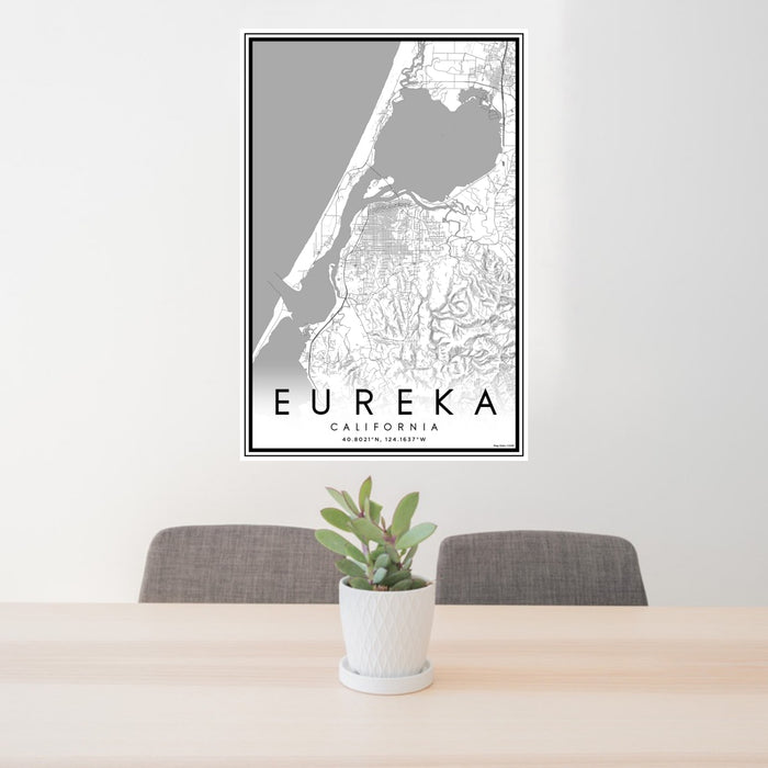 24x36 Eureka California Map Print Portrait Orientation in Classic Style Behind 2 Chairs Table and Potted Plant