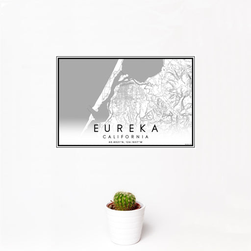 12x18 Eureka California Map Print Landscape Orientation in Classic Style With Small Cactus Plant in White Planter