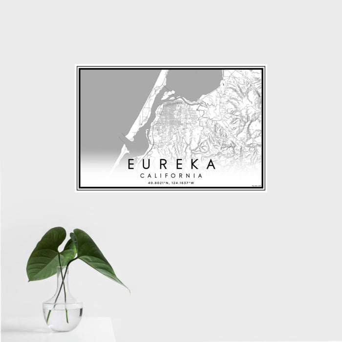 16x24 Eureka California Map Print Landscape Orientation in Classic Style With Tropical Plant Leaves in Water