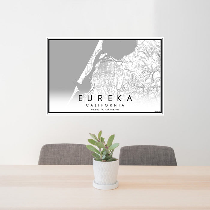 24x36 Eureka California Map Print Landscape Orientation in Classic Style Behind 2 Chairs Table and Potted Plant