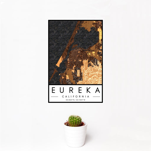 12x18 Eureka California Map Print Portrait Orientation in Ember Style With Small Cactus Plant in White Planter
