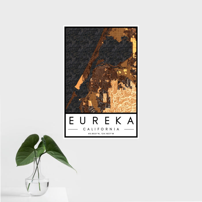 16x24 Eureka California Map Print Portrait Orientation in Ember Style With Tropical Plant Leaves in Water