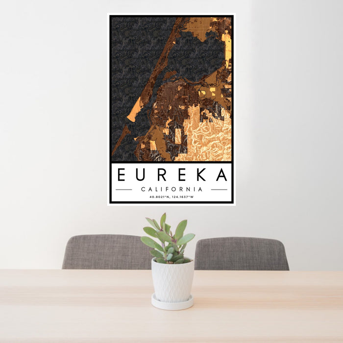 24x36 Eureka California Map Print Portrait Orientation in Ember Style Behind 2 Chairs Table and Potted Plant