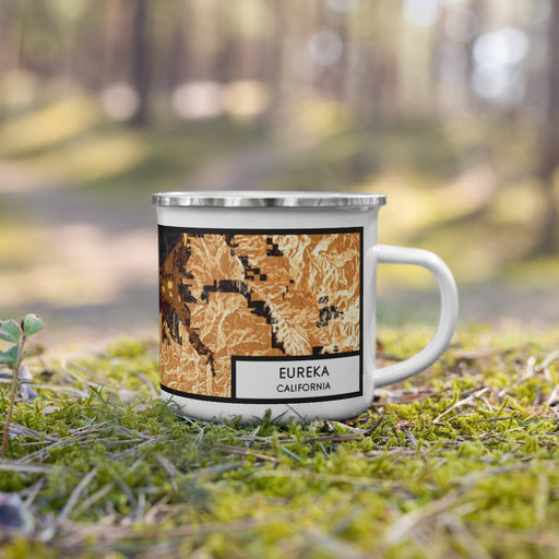 Right View Custom Eureka California Map Enamel Mug in Ember on Grass With Trees in Background