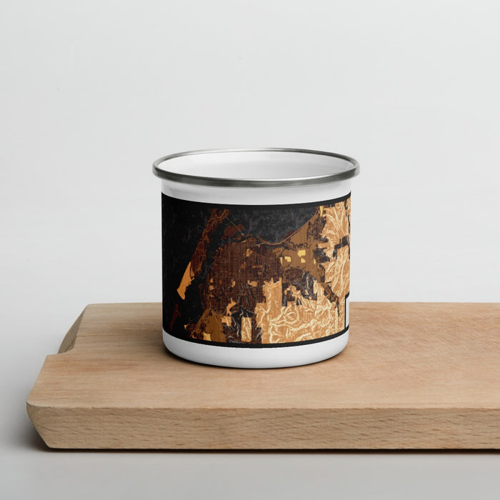 Front View Custom Eureka California Map Enamel Mug in Ember on Cutting Board