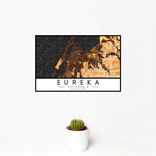 12x18 Eureka California Map Print Landscape Orientation in Ember Style With Small Cactus Plant in White Planter