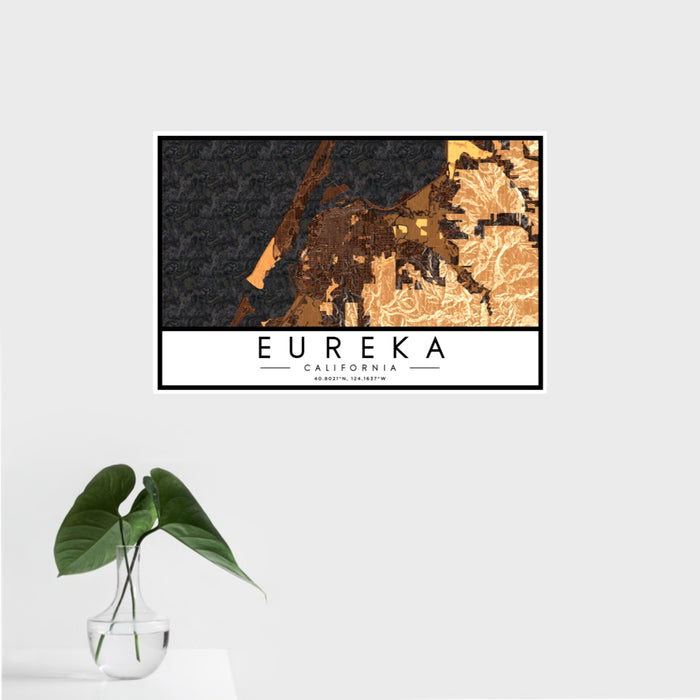 16x24 Eureka California Map Print Landscape Orientation in Ember Style With Tropical Plant Leaves in Water