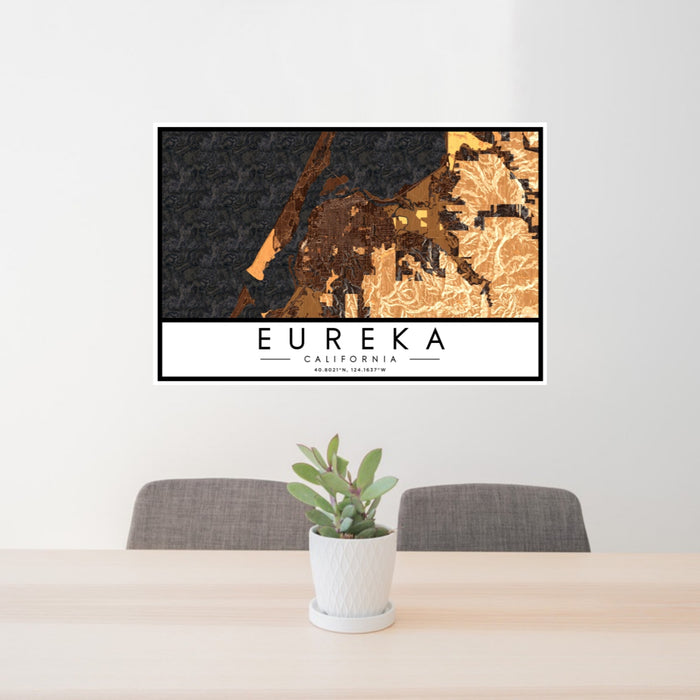24x36 Eureka California Map Print Landscape Orientation in Ember Style Behind 2 Chairs Table and Potted Plant