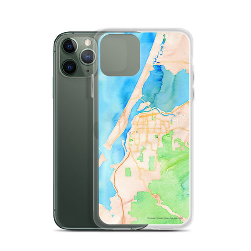 Custom Eureka California Map Phone Case in Watercolor on Table with Laptop and Plant