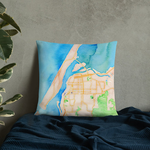 Custom Eureka California Map Throw Pillow in Watercolor on Bedding Against Wall