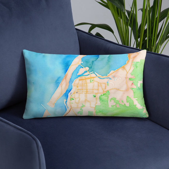 Custom Eureka California Map Throw Pillow in Watercolor on Blue Colored Chair