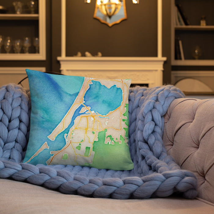 Custom Eureka California Map Throw Pillow in Watercolor on Cream Colored Couch