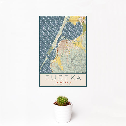 12x18 Eureka California Map Print Portrait Orientation in Woodblock Style With Small Cactus Plant in White Planter