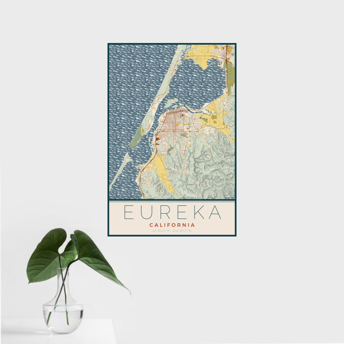 16x24 Eureka California Map Print Portrait Orientation in Woodblock Style With Tropical Plant Leaves in Water