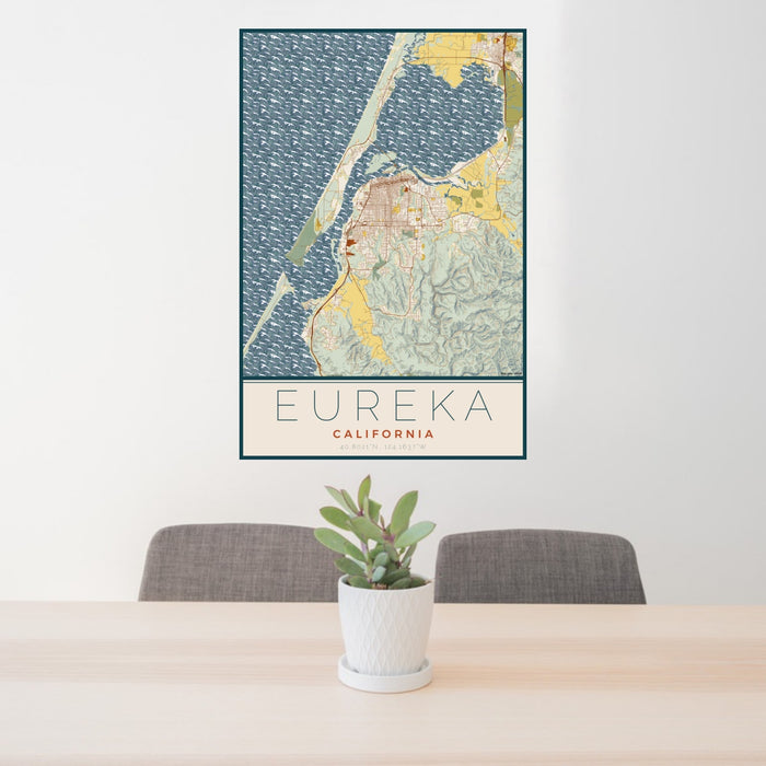 24x36 Eureka California Map Print Portrait Orientation in Woodblock Style Behind 2 Chairs Table and Potted Plant