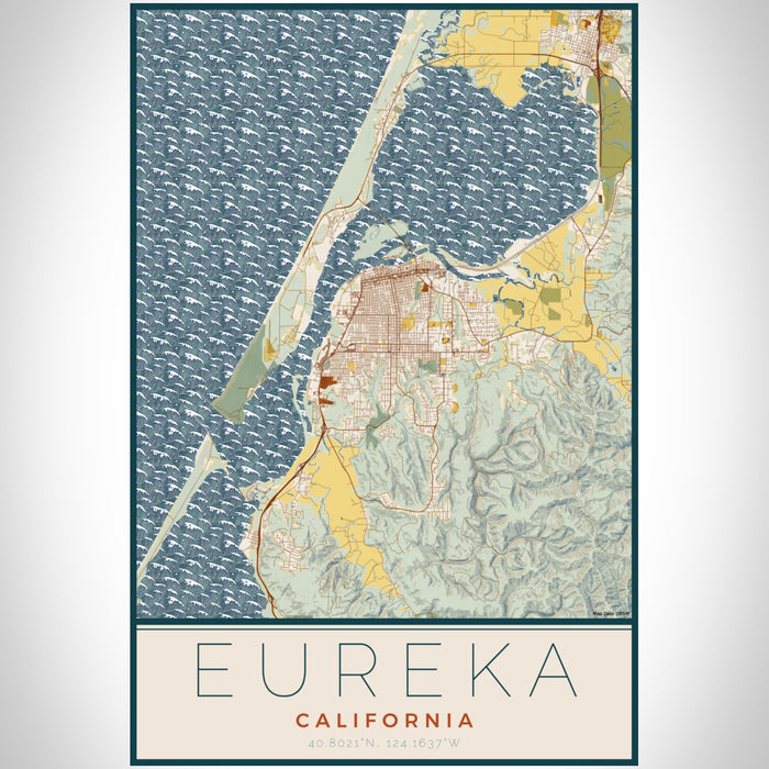 Eureka California Map Print Portrait Orientation in Woodblock Style With Shaded Background