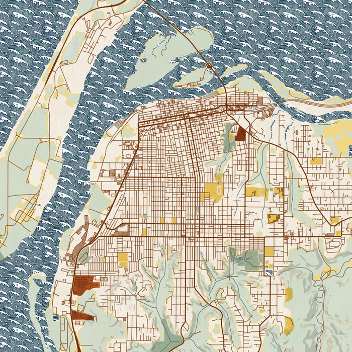 Eureka California Map Print in Woodblock Style Zoomed In Close Up Showing Details