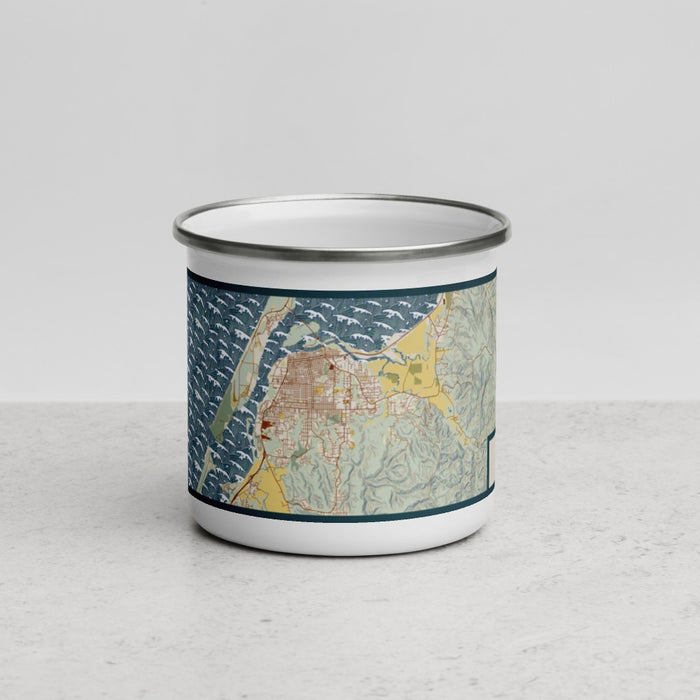 Front View Custom Eureka California Map Enamel Mug in Woodblock