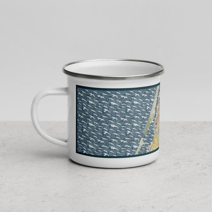 Left View Custom Eureka California Map Enamel Mug in Woodblock