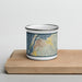 Front View Custom Eureka California Map Enamel Mug in Woodblock on Cutting Board